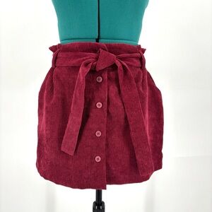 Cider NWT Maroon Corduroy Paper Bag Tie Waist Button Front Mini Skirt, Medium